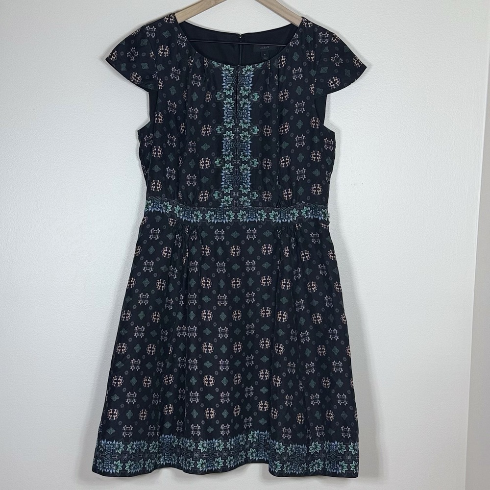 J Crew Womens Silk Dress 8 Black Blue Floral Cap Sleeve Lined Classic Preppy